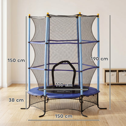 Trampolino Elastico per Bambini 1.6x1.9 m con Rete di Sicurezza e Pali Imbottiti, Età 3-10 Anni, Blu