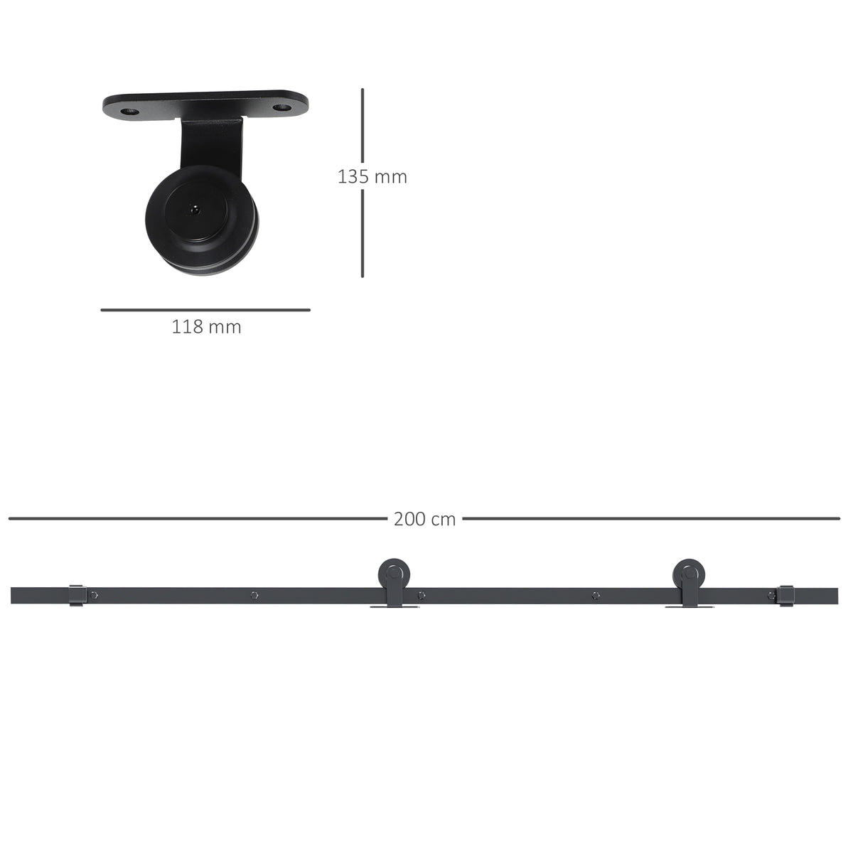 Kit Porta Scorrevole in Acciaio al Carbonio con Binari, Fermi e Guide, 200x40x0.6 cm, Nero