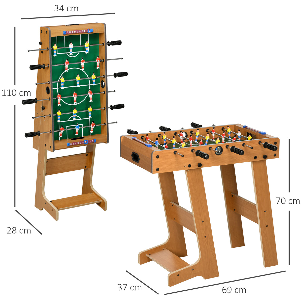 Calcio Balilla Pieghevole in Legno con 6 Aste, 18 Giocatori e Segnapunti, 69x37x70cm