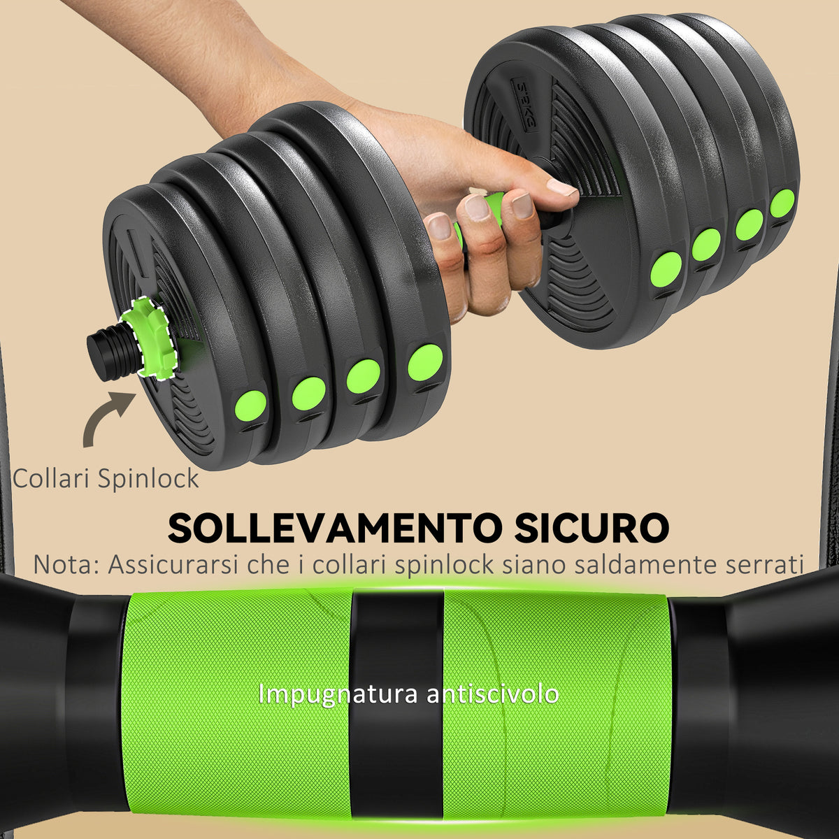 Set Bilanciere con Pesi 3 in 1 da 16 Dischi e Impugnatura Antiscivolo, 140x22x22 cm, Verde