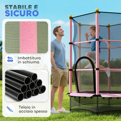 Tappeto Elastico per Bambini con Rete di Sicurezza e Pali Imbottiti Età 3-10 Anni, 140 x 190 cm, Rosa