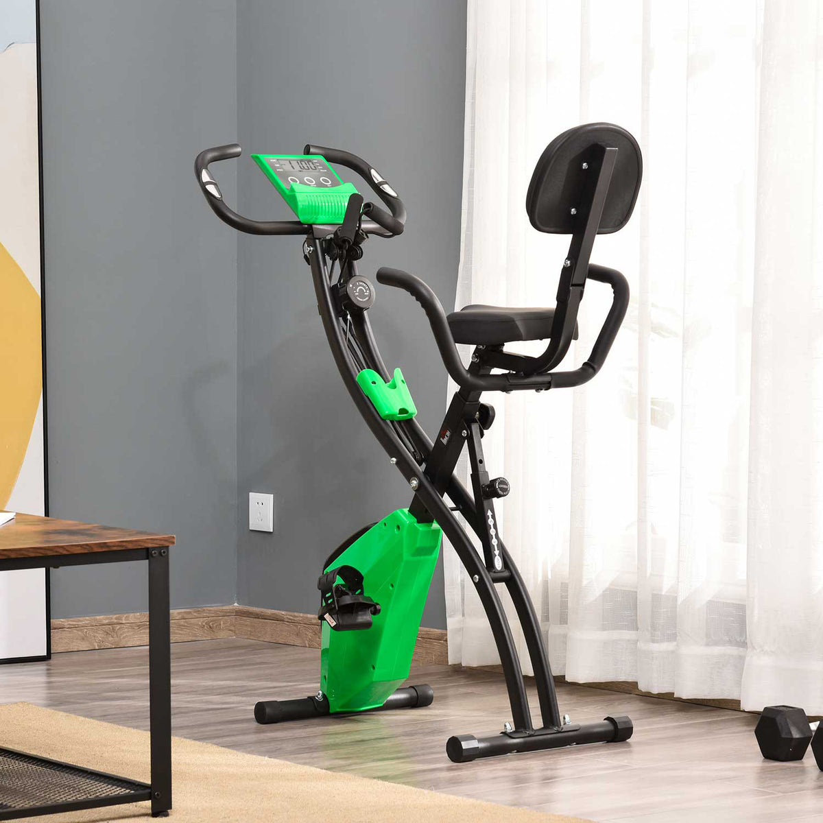Cyclette Pieghevole 2 in 1, Resistenza Magnetica Regolabile 8 Livelli, Cyclette da Casa Silenziosa con Sensore Cardiaco, Sedile Regolabile, Bande Elastici, Schermo LCD, Ruote, Verde