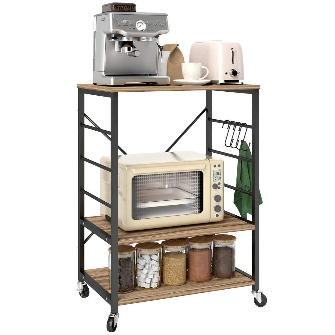 Scaffale da Cucina a 3 Livelli Stile Industriale con Ruote e 4 Ganci, Struttura in Acciaio, 60x40x84 cm, Teak