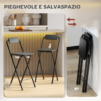 Set 2 Sgabelli da Bar Pieghevoli con Poggiapiedi, in Legno e Acciaio, 37x45x87 cm, Nero