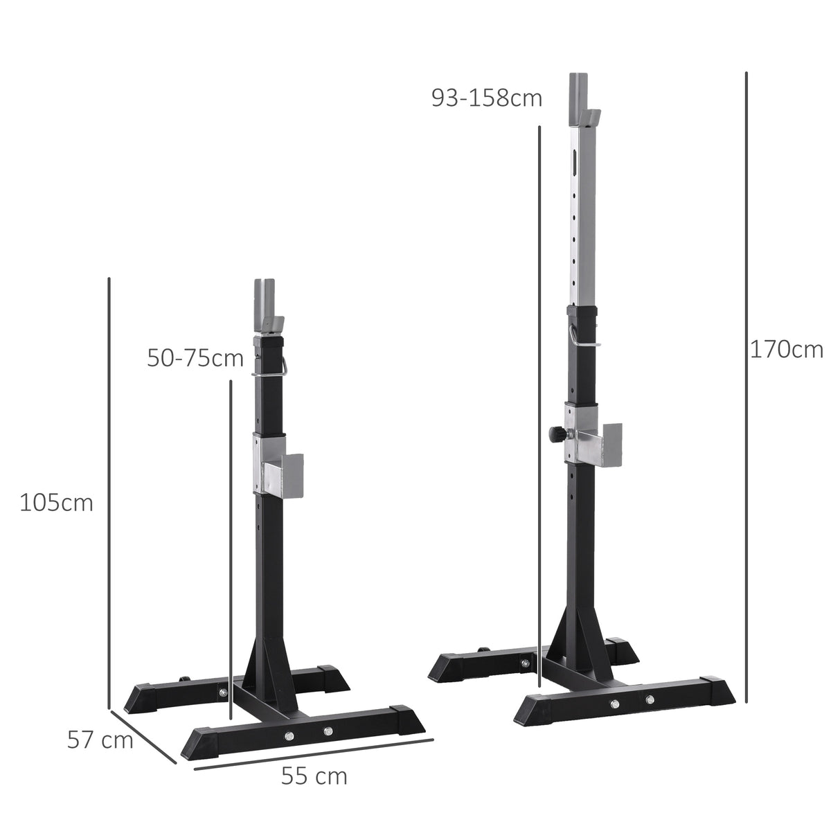 Set 2 Rack Porta Bilanciere in Acciaio, 2 Ganci con Altezza Regolabile, Capacità 150kg, 55x57x105-170cm, Nero