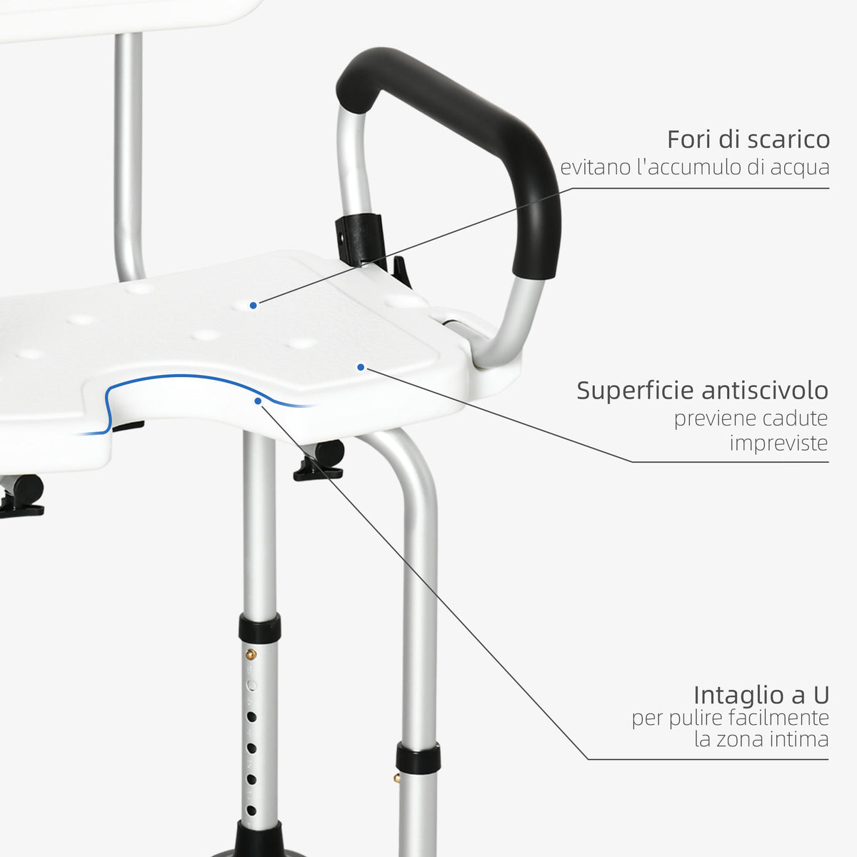 Sedia per doccia per Anziani, Disabili e Donne Incinte Imbottita con forma a U, 54x52x70-82cm, Bianco