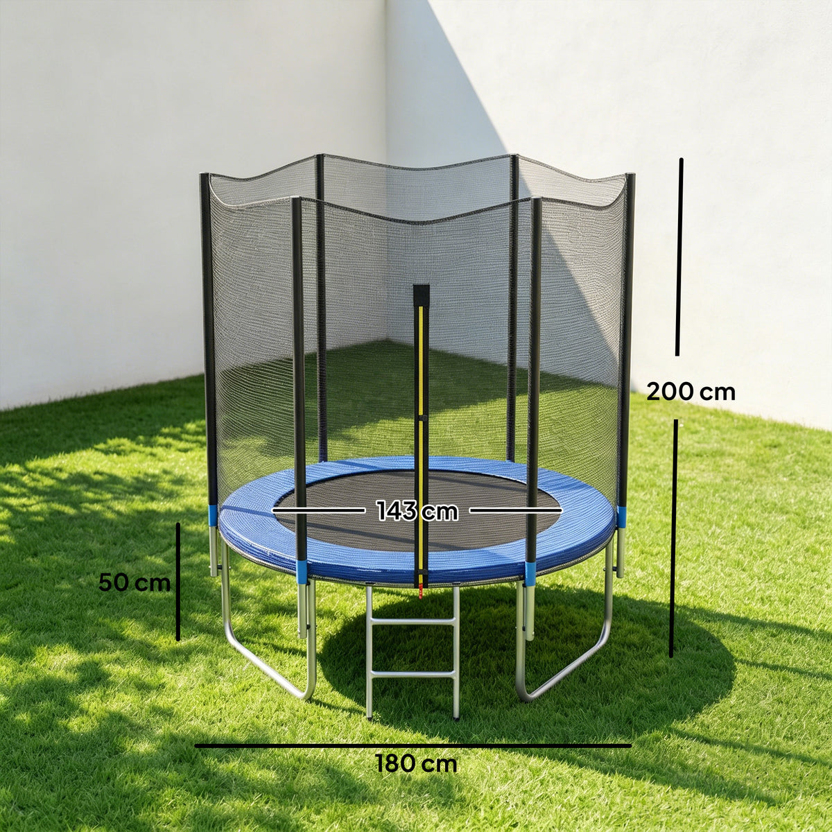 Trampolino Elastico con Scaletta e Rete di Sicurezza, in Acciaio e Plastica, 180x200 cm, Blu