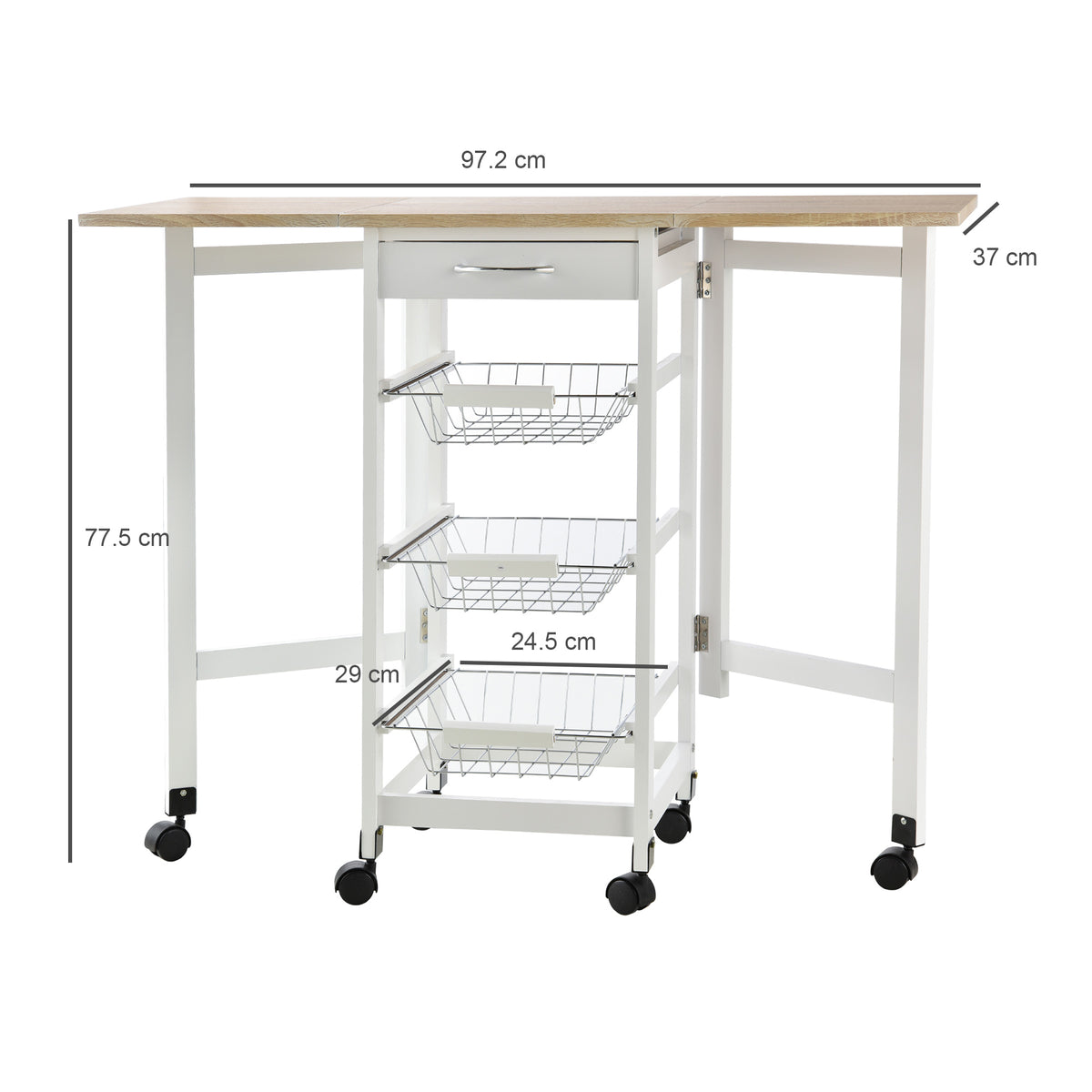 Carrello Portavivande Pieghevole a 6 Ruote con 3 Cestini, Cassetto e 2 Ribalte, Carrellino per Cucina in MDF e Metallo, 37x37x77.5 cm, Bianco e Legno
