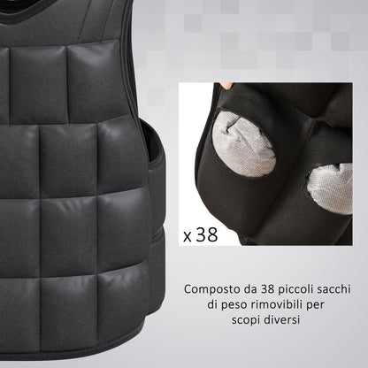 Giubbotto Zavorrato 20kg Unisex 38 Pesi Singoli, Imbottitura, Chiusure con Velcro, Nero