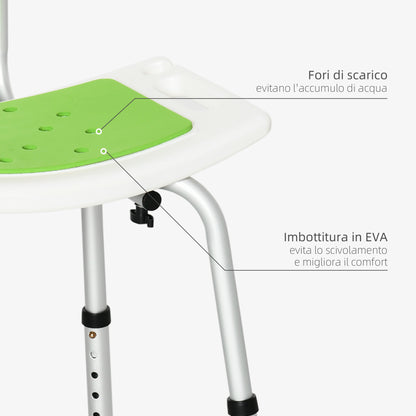Sedia per Doccia in Alluminio ed EVA con Altezza Regolabile su 6 Livelli e Schienale Ricurvo, 51.5x49.5x68.5-81 cm