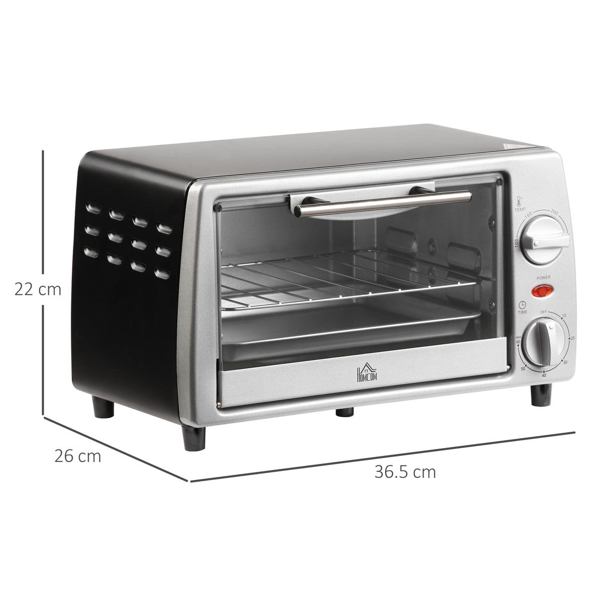 Fornetto Elettrico 10L Temperatura Regolabile e Timer, Griglia e Teglia Incluse, 750W, 36.5x26x22cm, Argento Nero