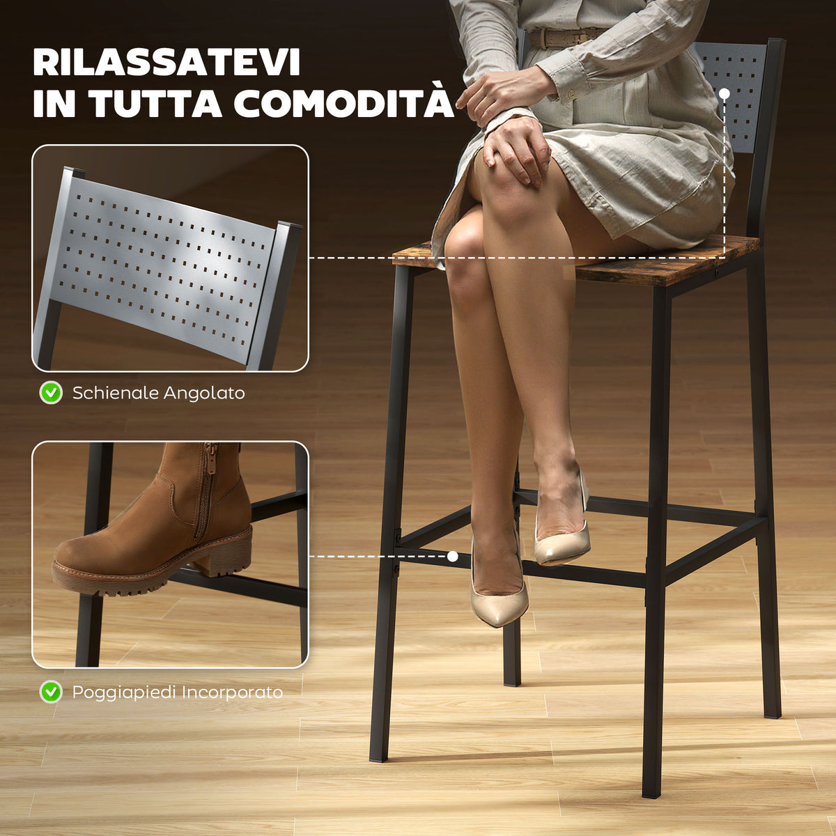Set 2 Sgabelli da Bar con Schienale e Poggiapiedi Integrato in Stile Industriale, Marrone Rustico