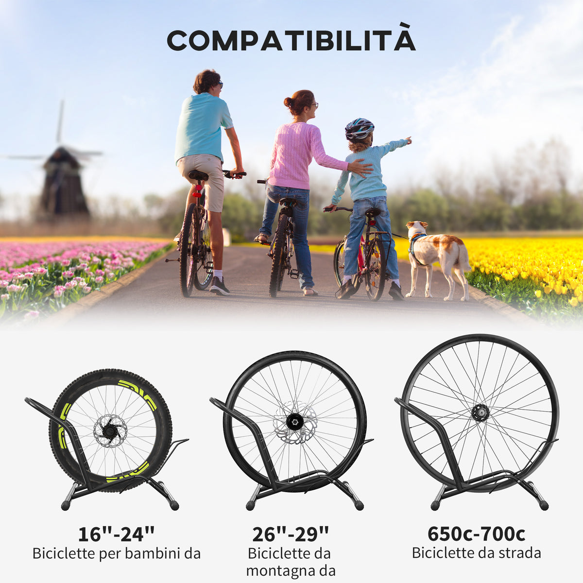 Cavalletto Portabici per Pneumatici < 8.5 cm in Acciaio, 59x41x38 cm, Nero