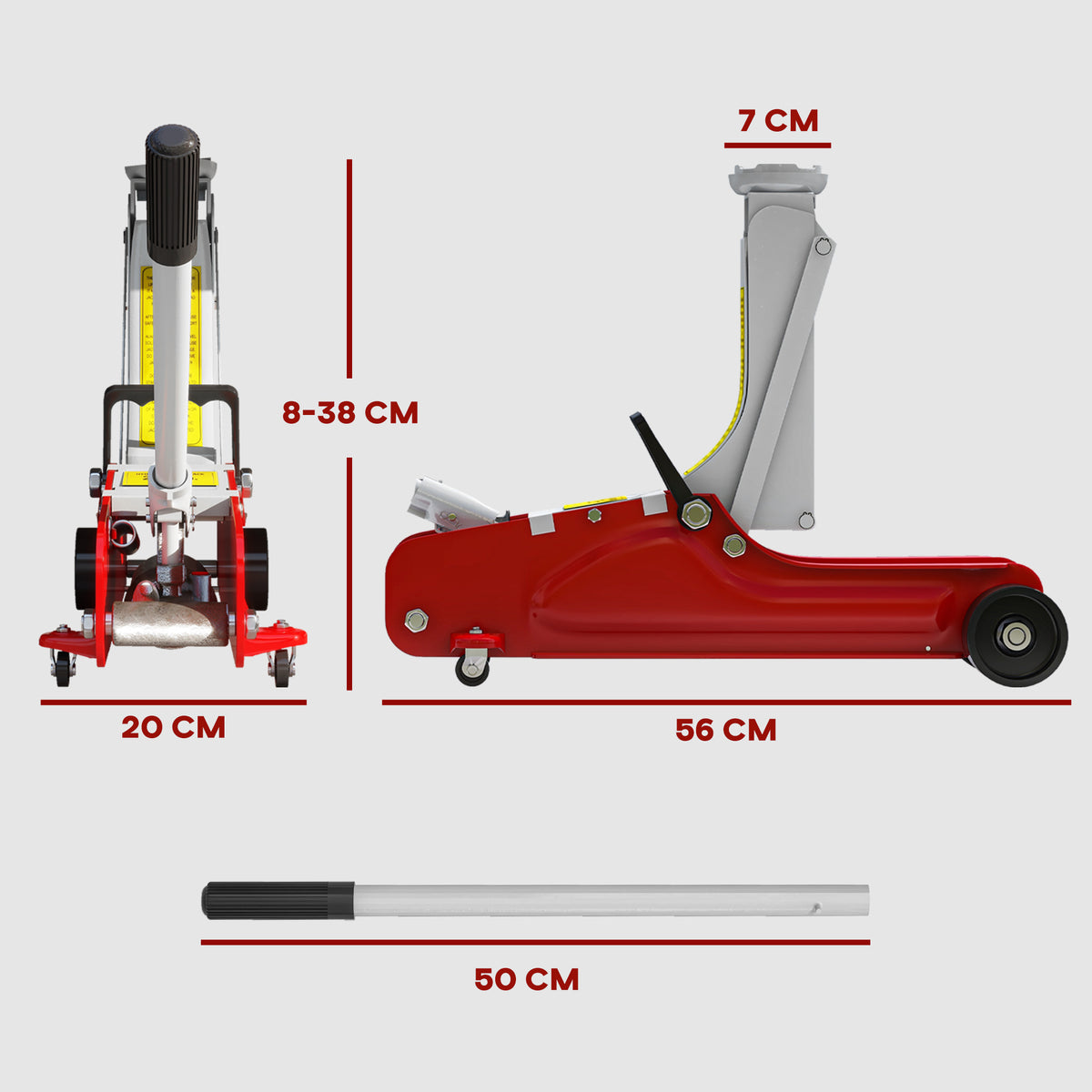 Cric Idraulico Basso con Sollevamento 8-38cm, Acciaio Rinforzato con Capacità 2.5 Tonnellate, Rosso