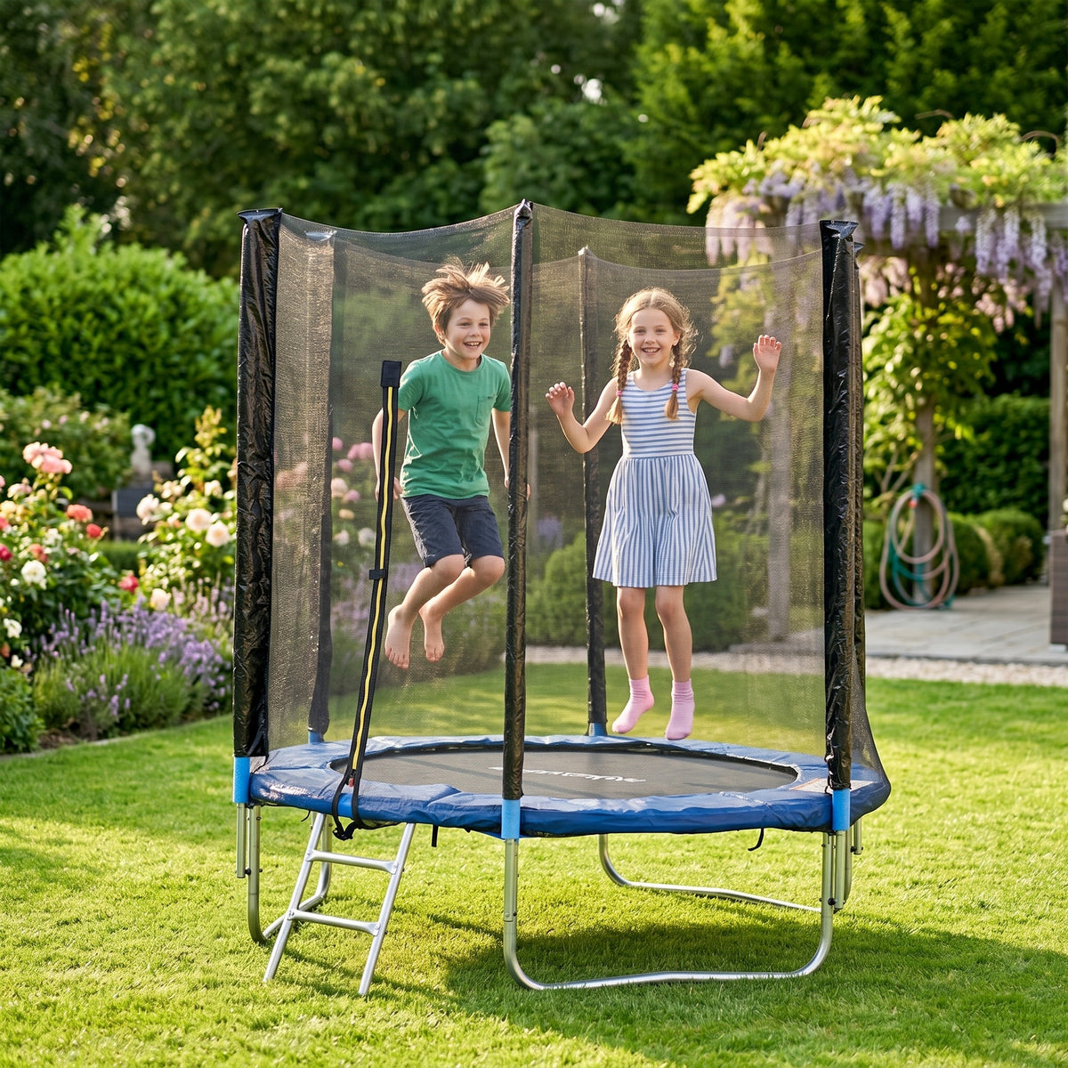 Trampolino Elastico con Scaletta e Rete di Sicurezza, in Acciaio e Plastica, 180x200 cm, Blu