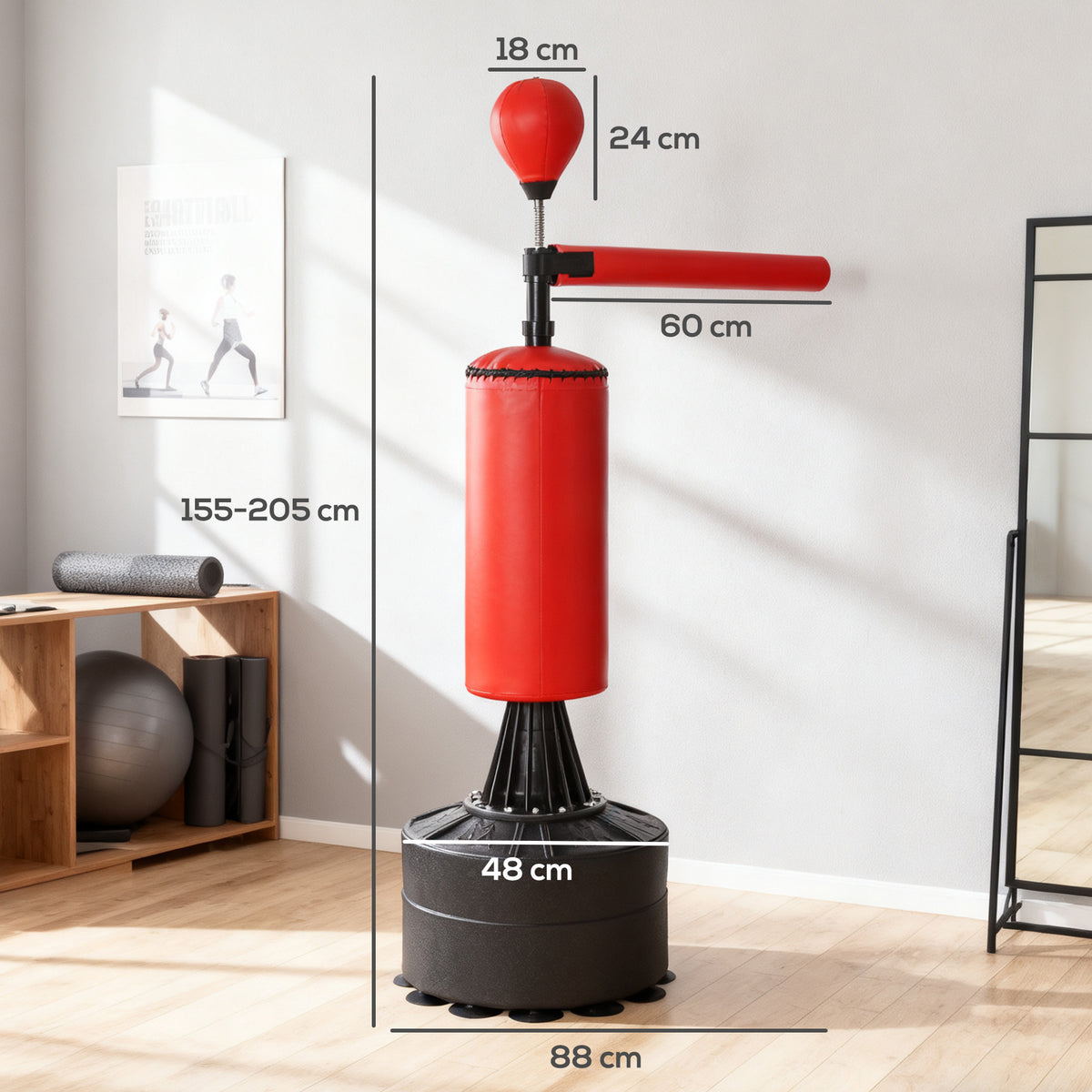 Sacco da Boxe ad Altezza Regolabile con Punching Ball e Base Riempibile, 88x48x155-205 cm, Rosso e Nero