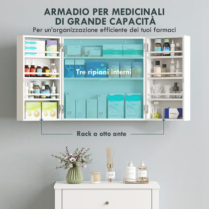Armadietto Medicinali con 3 Mensole Interne e 8 Portabottiglie, in Legno e Metallo, 53x20x53 cm, Bianco