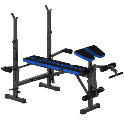 Panca Multiuso con Supporto Bilanciere e Schienale Regolabile, in Acciaio e Plastica, 175x139x127 cm, Nero e Blu