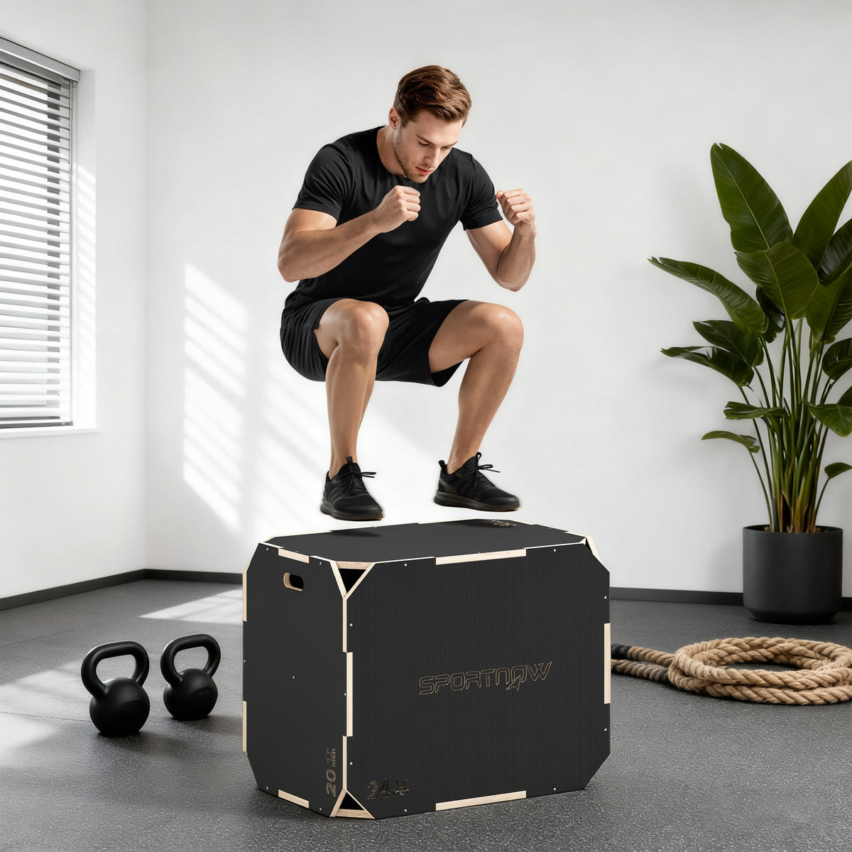 Plyo Box in Legno 3 in 1, Box Pliometrico per Salti Antiscivolo con Maniglie per Allenamento in Casa Palestra, 76x61x51 cm, Nero