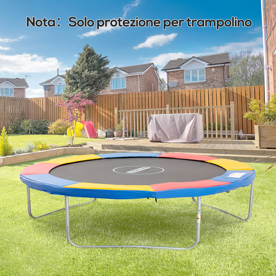 Copertura Tappeto Elastico 305x1.5 cm Pieghevole e Portatile, Protezione Trampolino da Giardino in Plastica, PE e Schiuma EPE, Nessun Foro per Palo, Rosso, Blu e Giallo