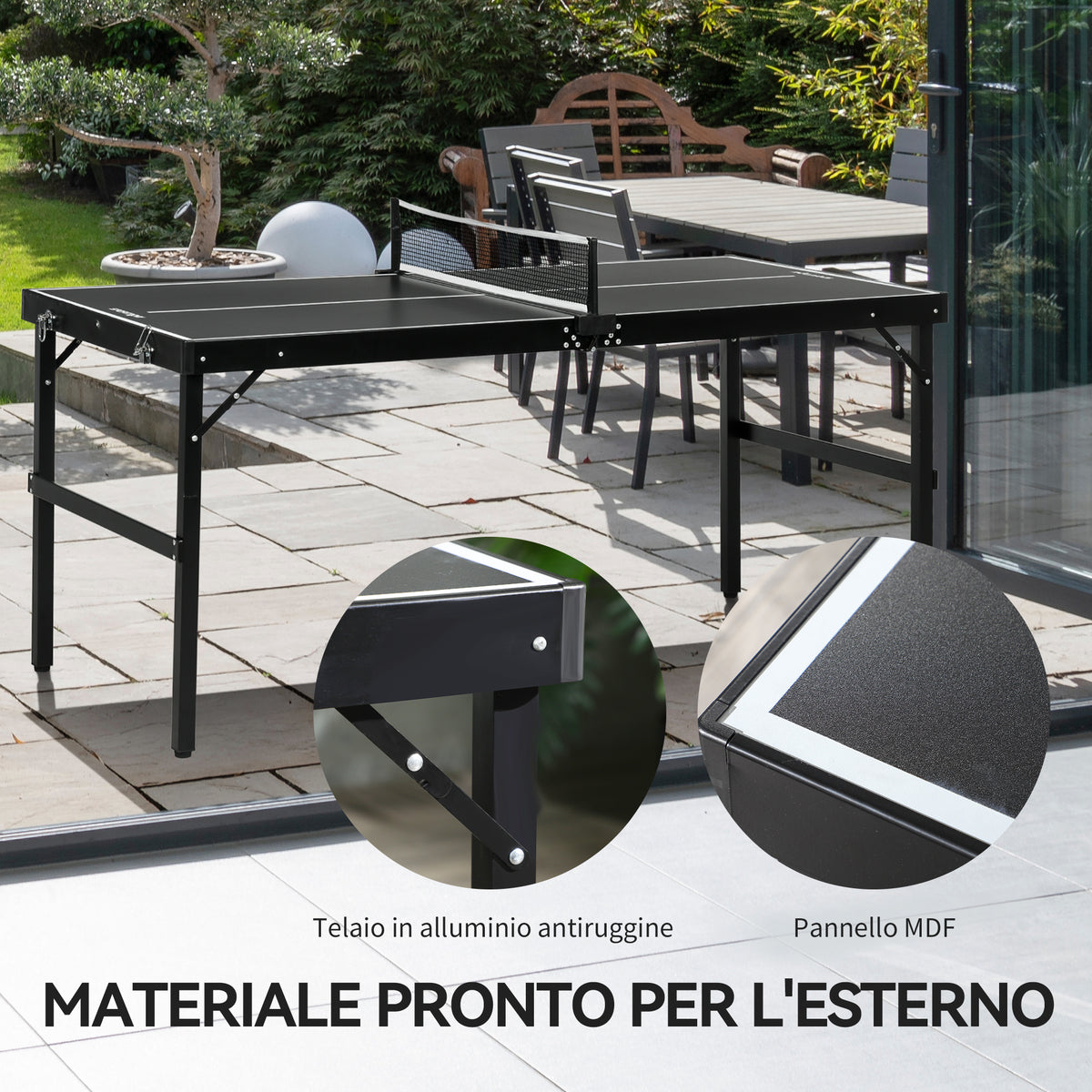 Tavolo Ping Pong Pieghevole con Maniglia da Trasporto, in Alluminio e Legno, 152x76x72 cm, Nero
