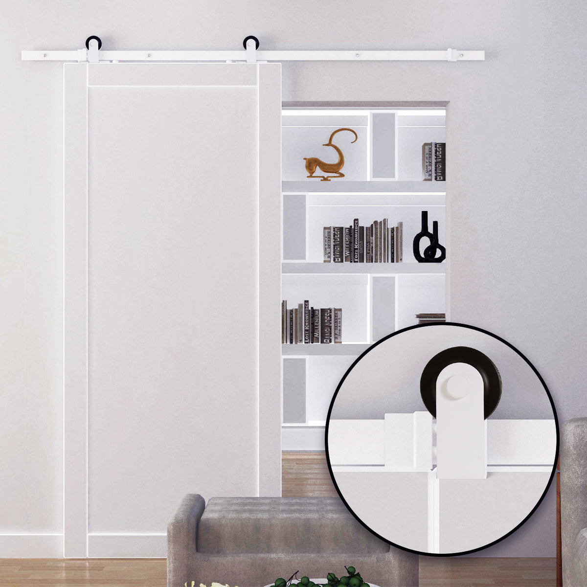 Kit per Porta Scorrevole con Binario 183cm, Rotelle e Minuteria Inclusa, Bianco