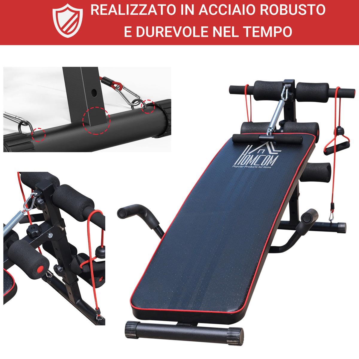 Panca Multifunzione con Vogatore a Molla e Schienale Regolabile e 2 Corde Elastiche, 55.5x137.5 cm Nero