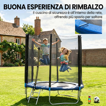 Trampolino Elastico con Scaletta e Rete di Sicurezza, in Acciaio e Plastica, 180x200 cm, Blu