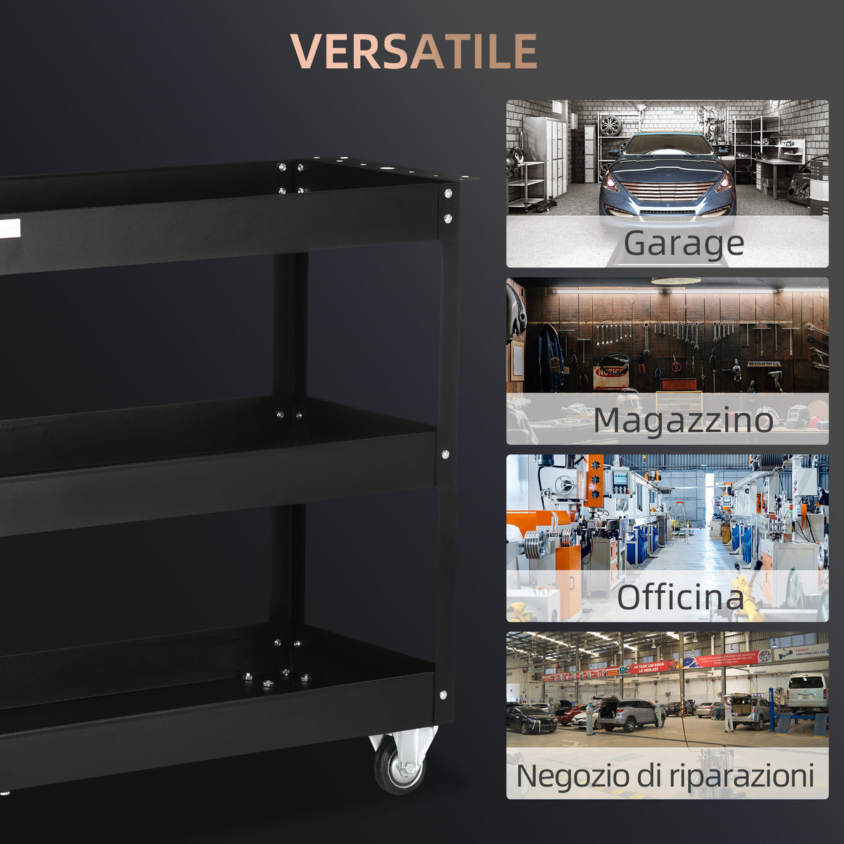 Carrello Porta Attrezzi a 3 Livelli in Acciaio con Bordi Alti e 4 Ruote Girevoli, 83x35.3x76 cm, Nero