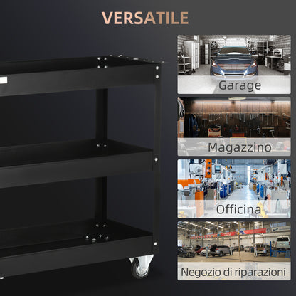 Carrello Porta Attrezzi a 3 Livelli in Acciaio con Bordi Alti e 4 Ruote Girevoli, 83x35.3x76 cm, Nero