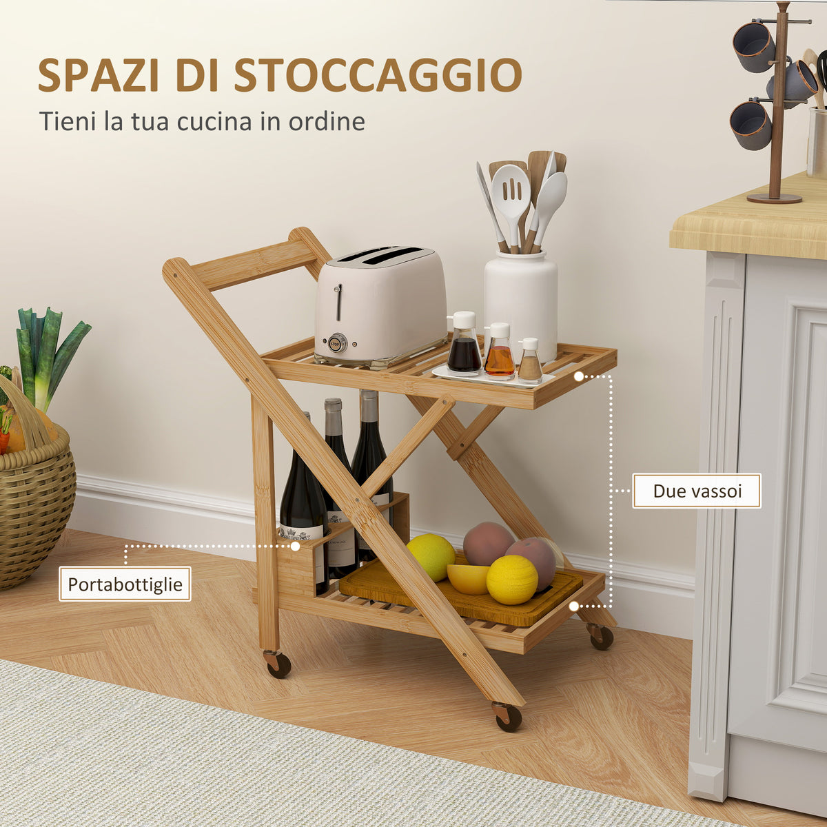 Carrello da Cucina Portavivande Pieghevole a 2 Livelli con Portabottiglie in Legno di Bambù