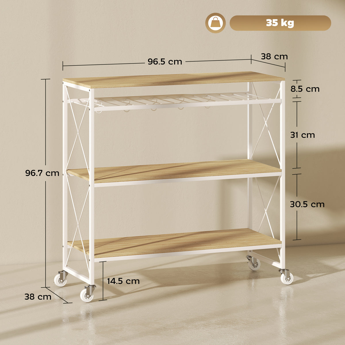 Carrello Portavivande a 4 Livelli con Portabottiglie e 5 Ganci Rimovibili, in Legno e Metallo, 96.5x38x96.7 cm
