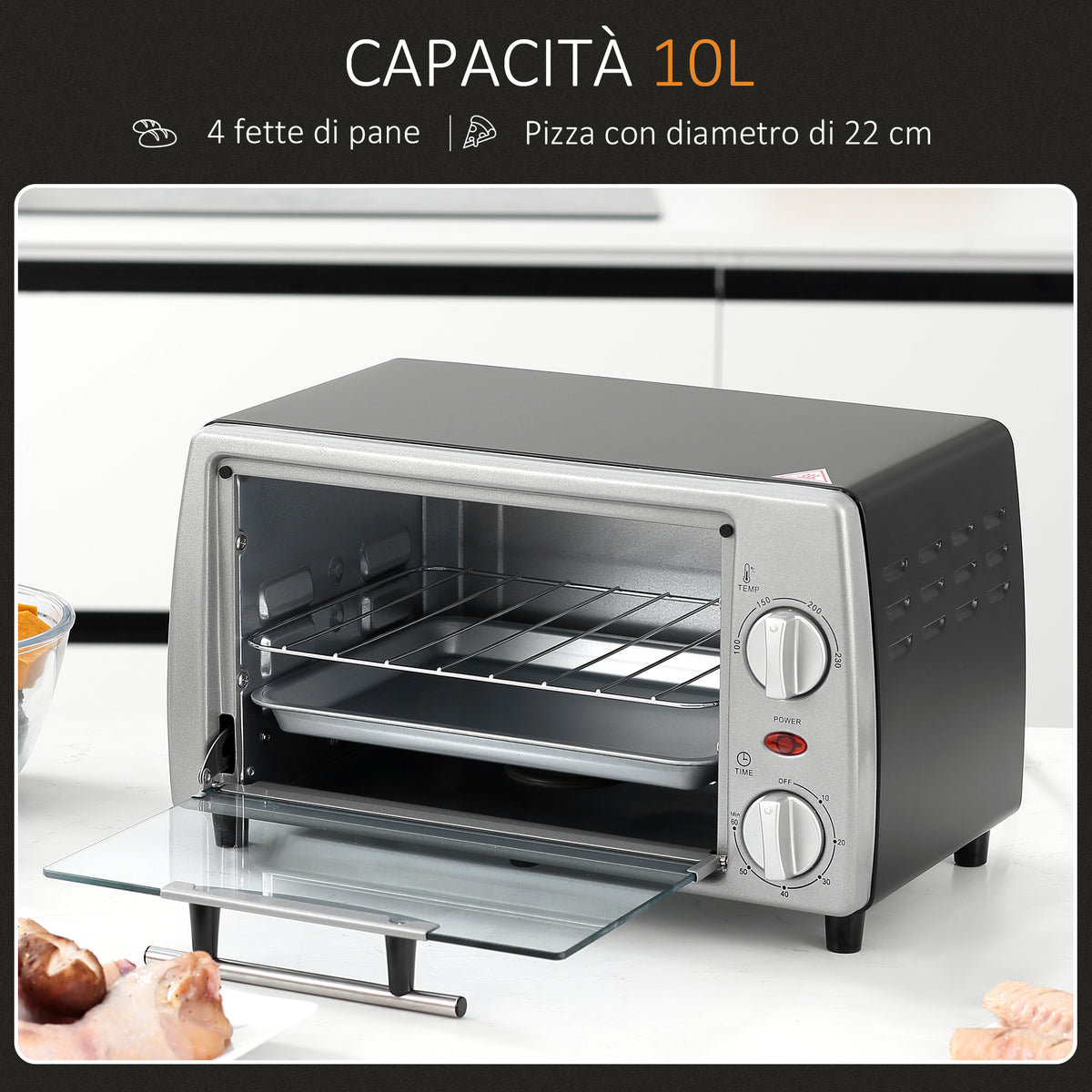 Fornetto Elettrico 10L Temperatura Regolabile e Timer, Griglia e Teglia Incluse, 750W, 36.5x26x22cm, Argento Nero