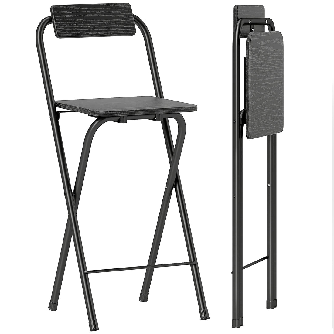 Set 2 Sgabelli da Bar Pieghevoli con Poggiapiedi, in Legno e Acciaio, 37x45x87 cm, Nero