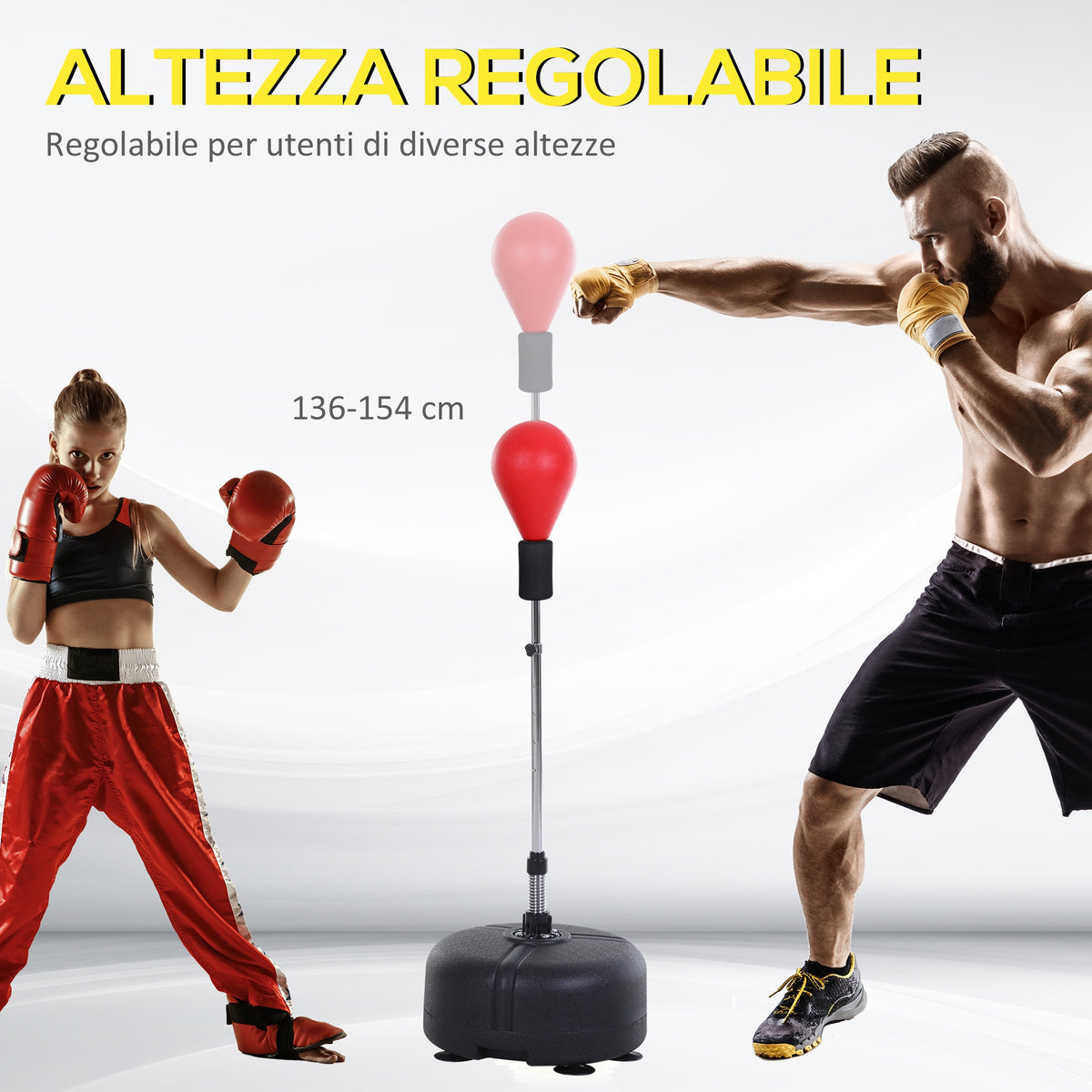 Punching Ball ad Altezza Regolabile con Guanti Boxe, in Acciaio, Finta Pelle e PE, 48x136-154 cm, Nero e Rosso