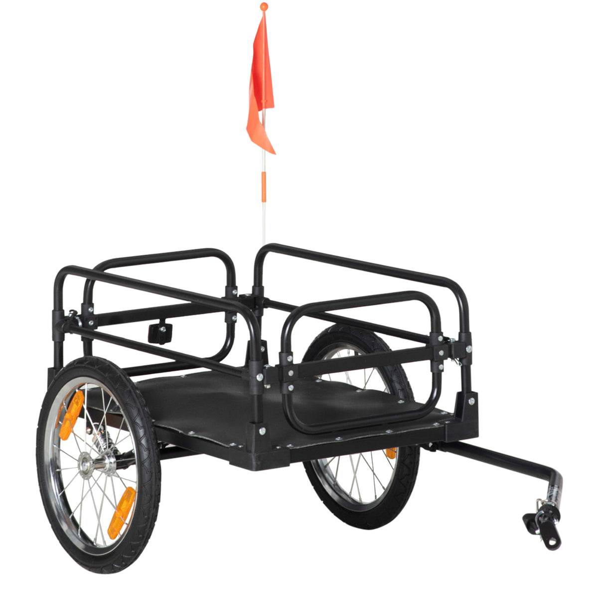 Carrello Bici da 70L con 2 Ruote da 16", 2 Catarifrangenti e Bandierina, in Acciaio e PE, 125x64x53.5 cm, Nero