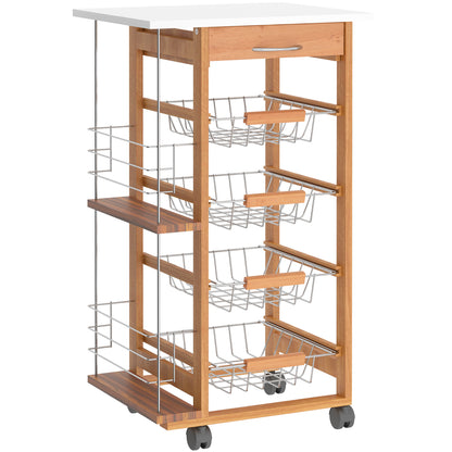 Carrello da Cucina con 1 Cassetto, 4 Cestelli Metallici e 2 Ripiani Portaspezie in Legno 47 x 37 x 83 cm Marrone