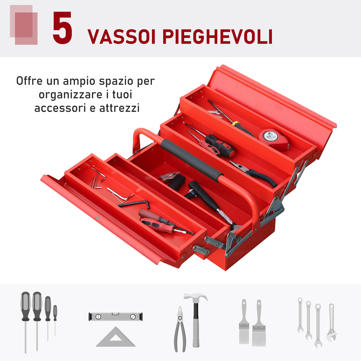 Cassetta Porta Attrezzi in Metallo Pieghevole con 5 Vassoi, 3 Ripiani, Rosso