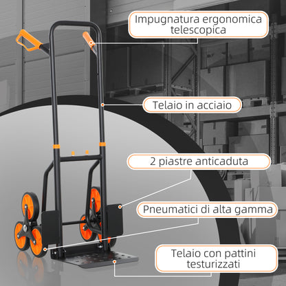 Carrello Portapacchi per Scale 6 Ruote, Pieghevole, Portata 120kg, in Acciaio, per Trasloco, Giardinaggio, Arancione