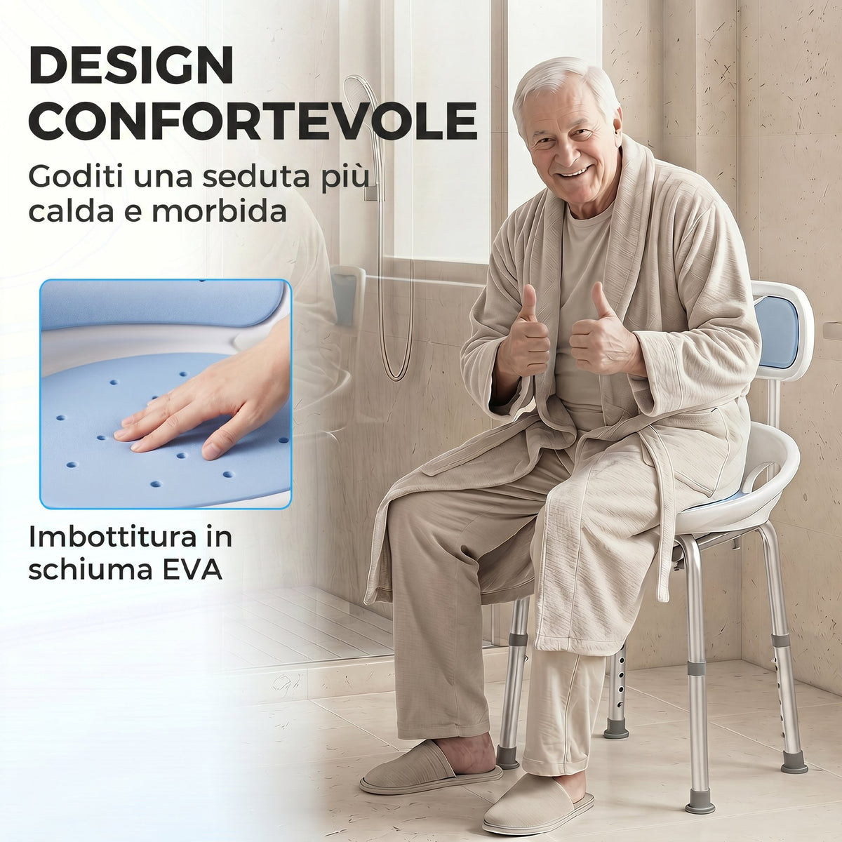 Sedia da Doccia con Schienale e Sedile Forato, 8 Altezza Regolabile, Antiscivolo, Portata 136kg, Azzurro