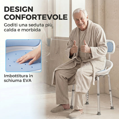 Sedia da Doccia con Schienale e Sedile Forato, 8 Altezza Regolabile, Antiscivolo, Portata 136kg, Azzurro