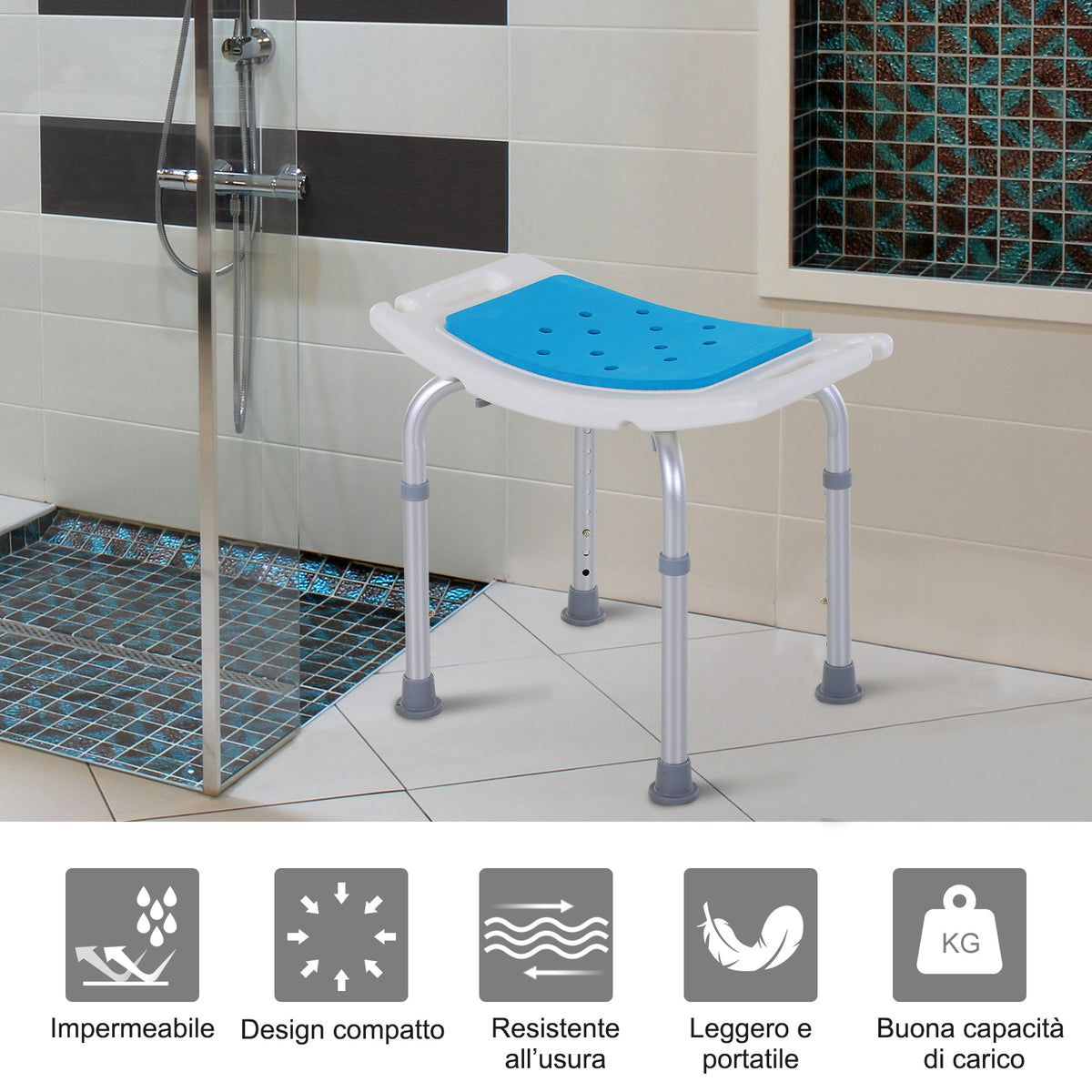 Sgabello per Doccia da Bagno in Lega di Alluminio e Plastica Antiscivolo, Sgabello Bagno con Altezza Regolabile 6 Livelli 39-52cm, Blu