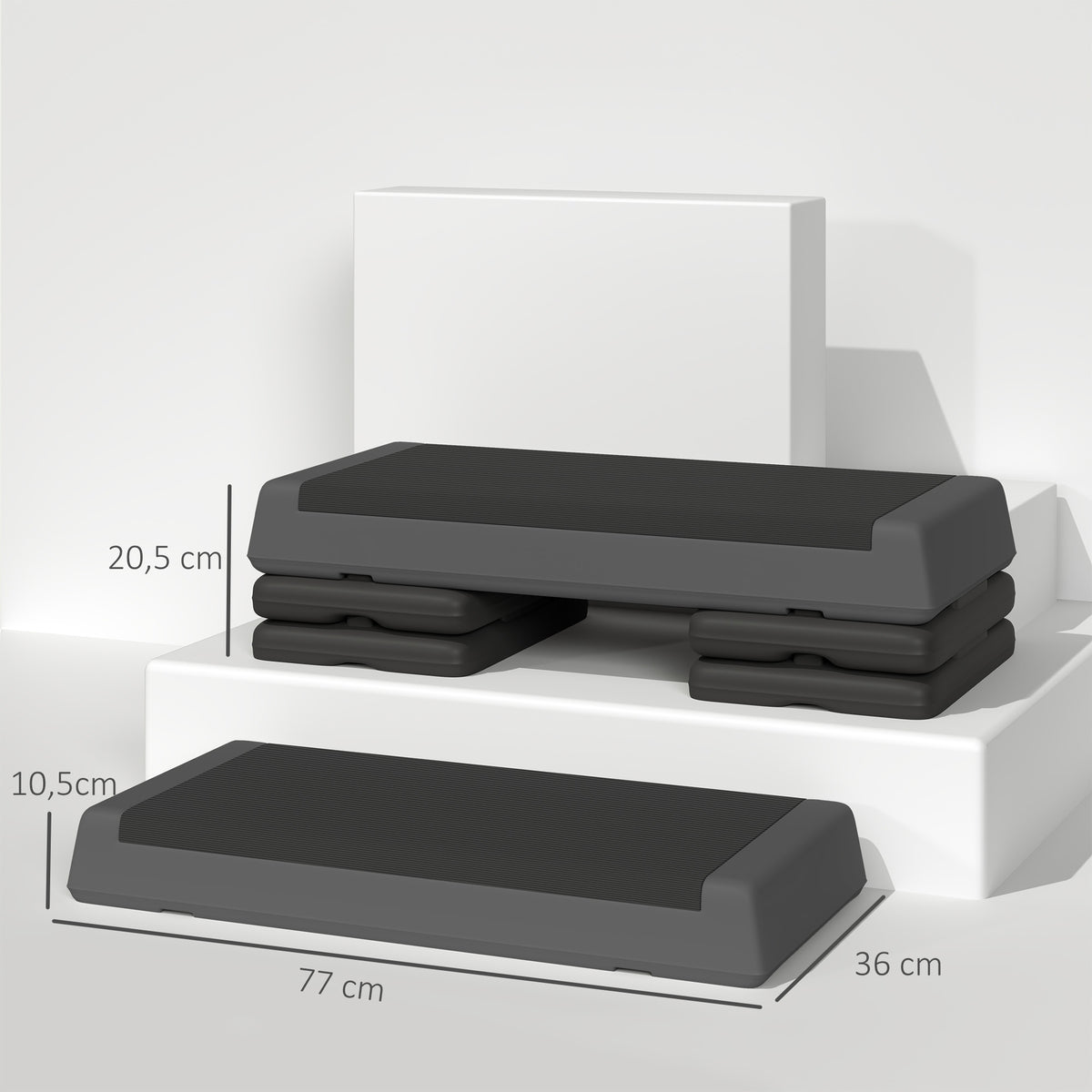 Stepper Fitness Regolabile a 10.5/15.5/20.5 cm con Superficie Antiscivolo in PE, 77x36x20.5 cm, Grigio