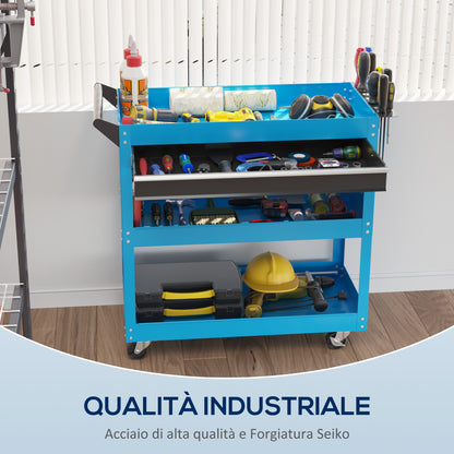 Carrello Porta Attrezzi con Manico Laterale, Cassetto e 3 Ripiani in Acciaio, 82x35x76 cm, Blu