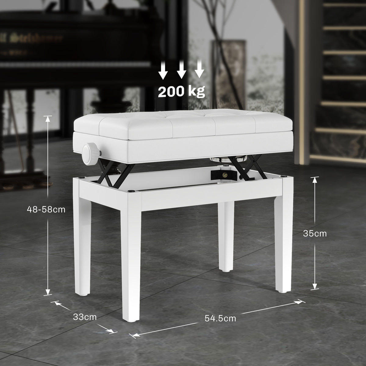 Sgabello Pianoforte Regolabile con Vano Portaoggetti e Seduta Imbottita, 54.5x33x48-58 cm, Bianco