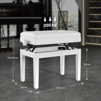 Sgabello Pianoforte Regolabile con Vano Portaoggetti e Seduta Imbottita, 54.5x33x48-58 cm, Bianco