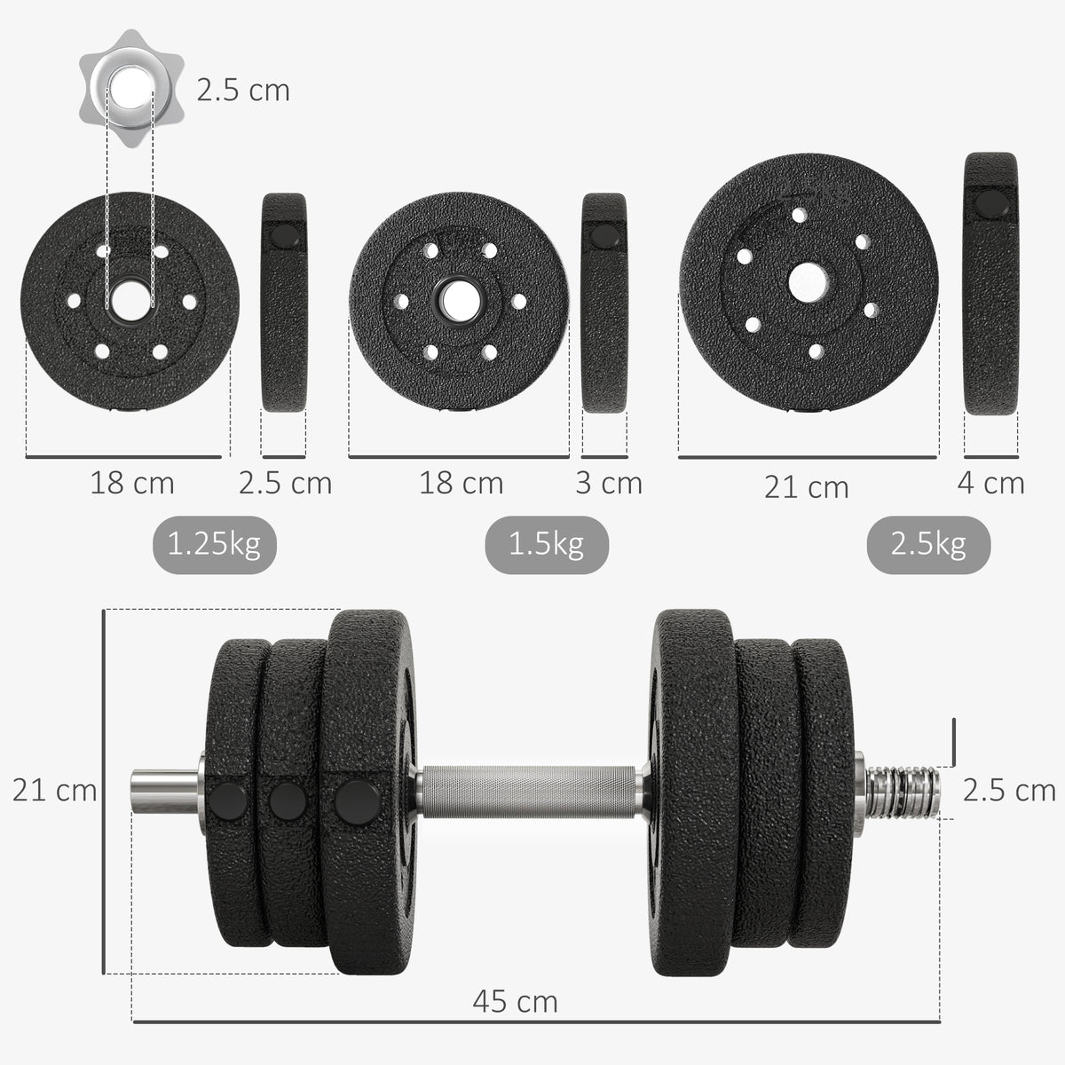 Set Manubri Palestra da 25 kg Totali con 12 Dischi Pesi e 2 Barre da 2 kg, Nero