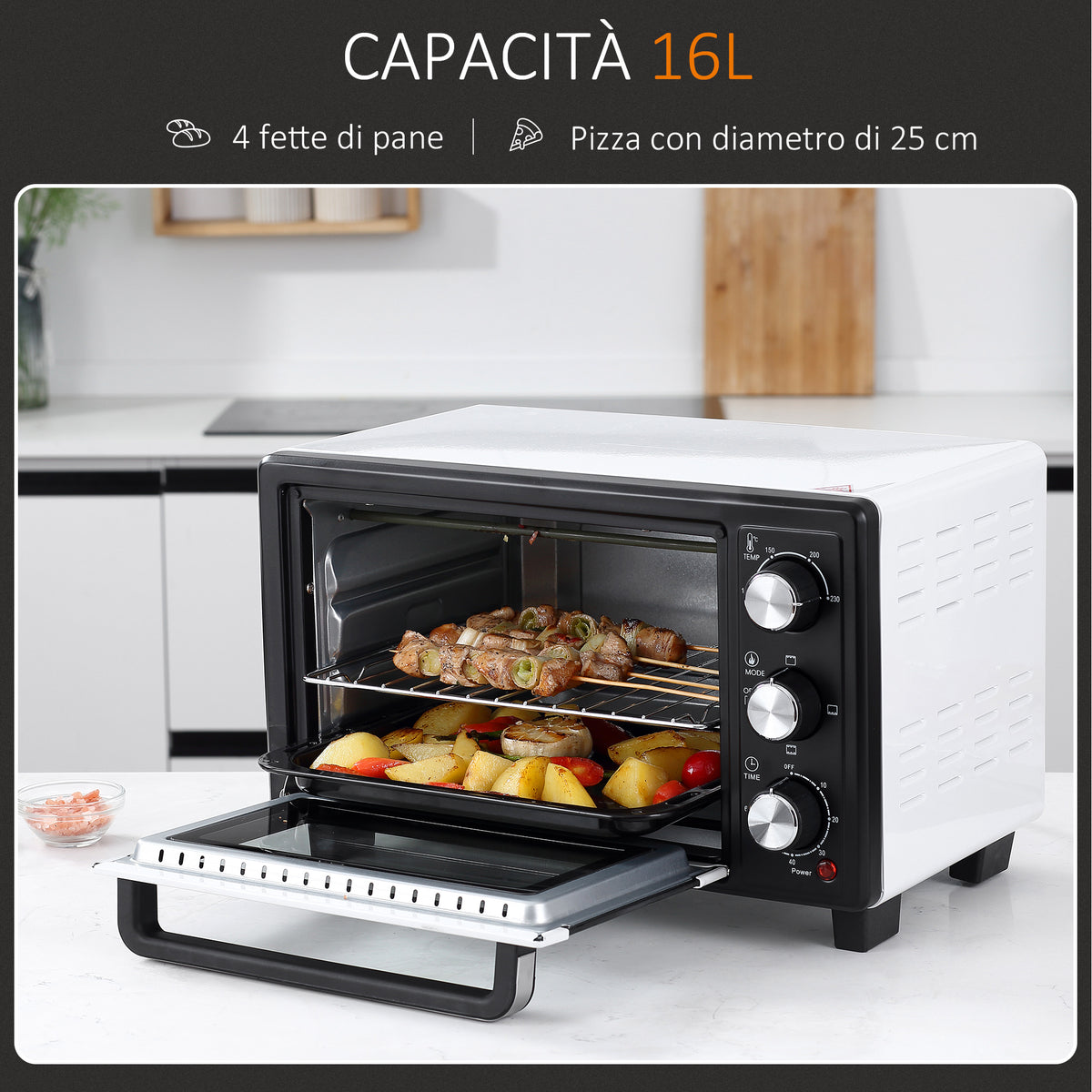 Fornetto Elettrico 16L Temperatura Regolabile e Timer, 3 Metodi di Cottura e Accessori, 1400W, Bianco