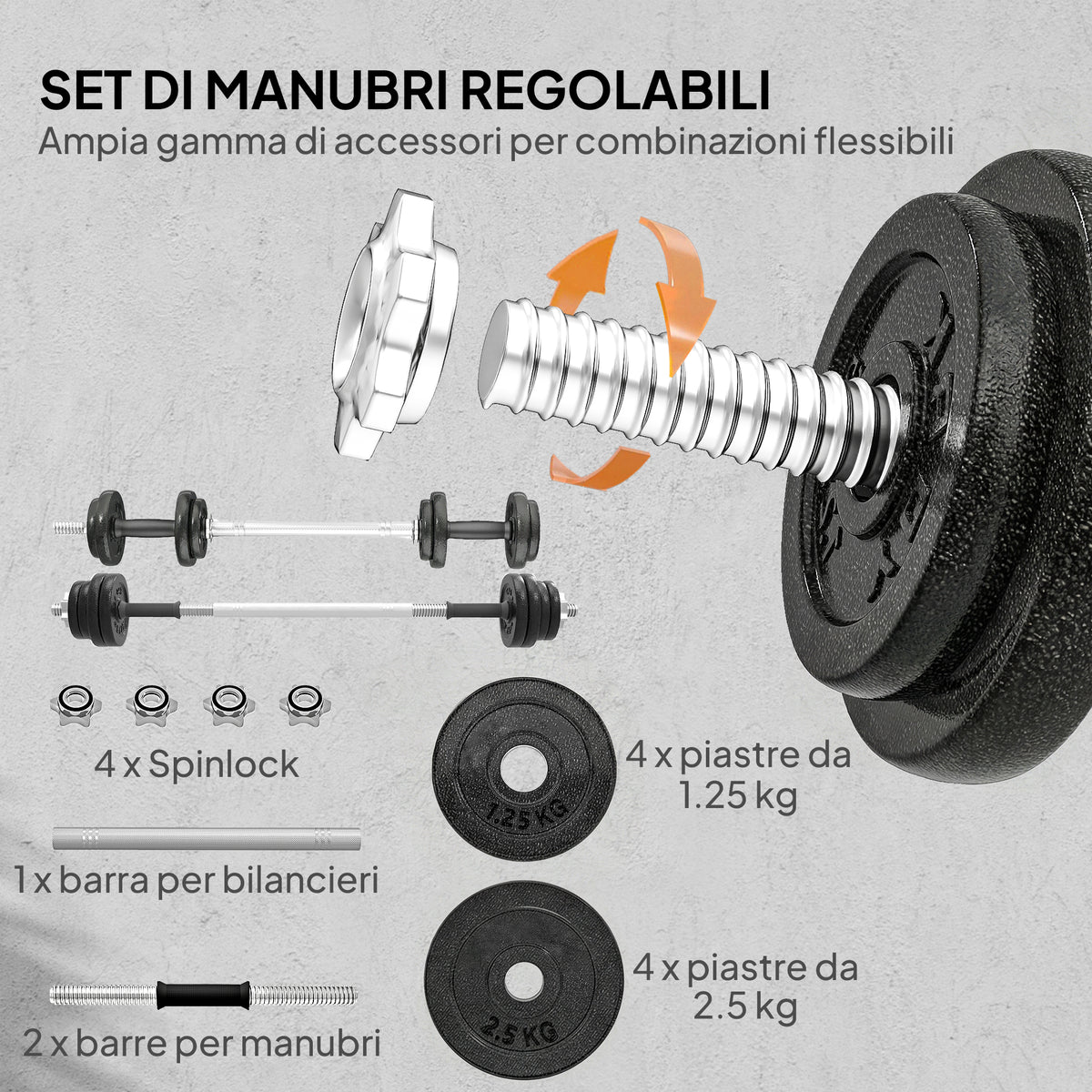 Set Pesi e Bilanciere da 20kg con Impugnature Antiscivolo, 8 Dischi Pesi, Barra Bilanciere e 2 Barre Manubri in Acciaio