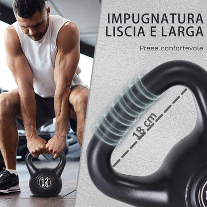 Kettlebell 12kg per Sport e Fitness con Base Piatta e Impugnatura, Kettlebell Pesi per Allenamento Home Gym Casa e Palestra, 27x21x31 cm, Nero